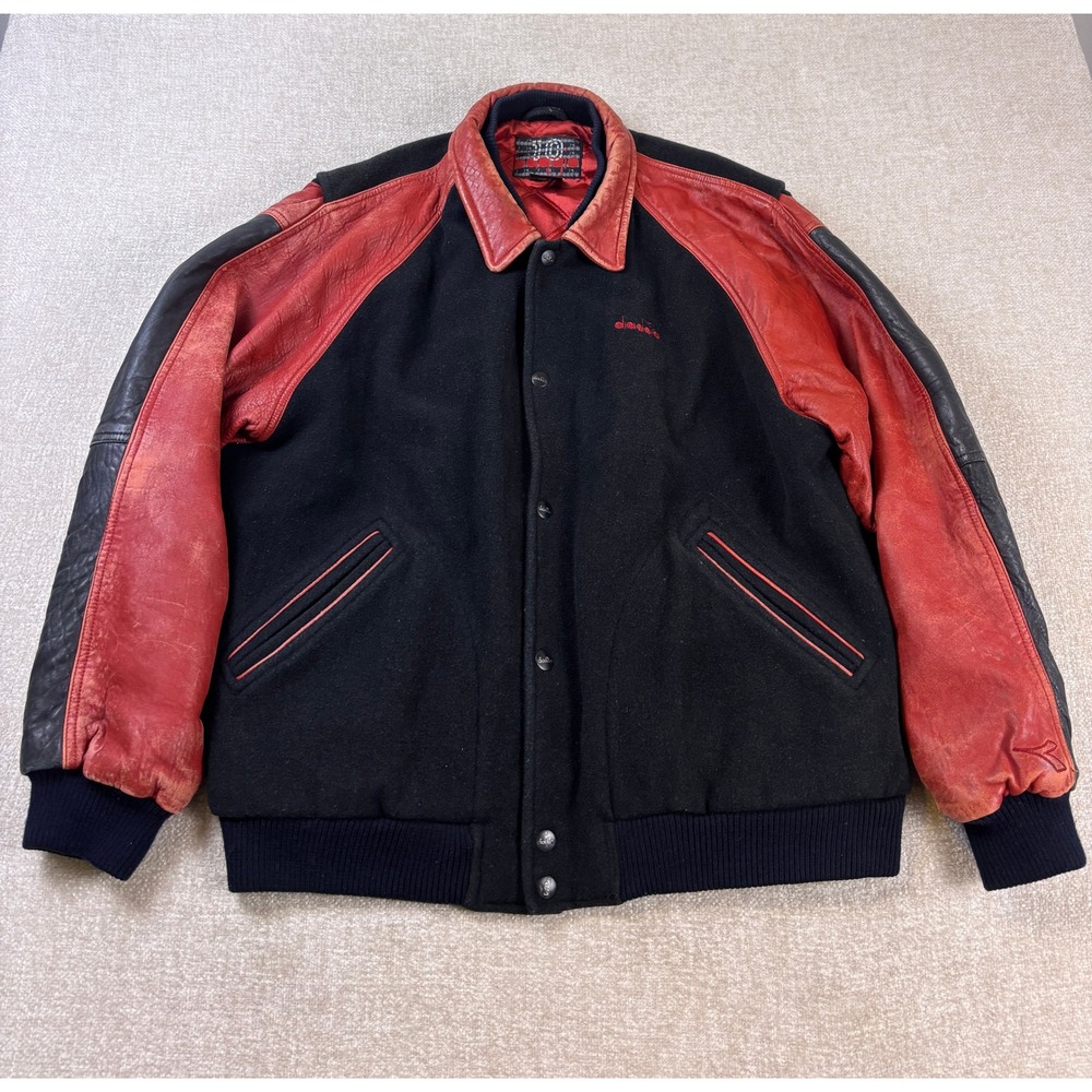 Vintage Diadora Soccer Wool Leather Varsity Jacket Mens Large Black Red Baggio